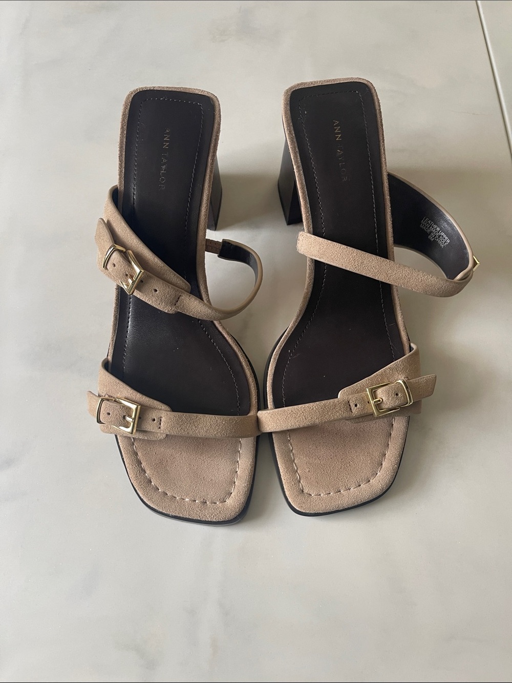 Ann Taylor Neutral Taupe Suede Block Heel Sandals